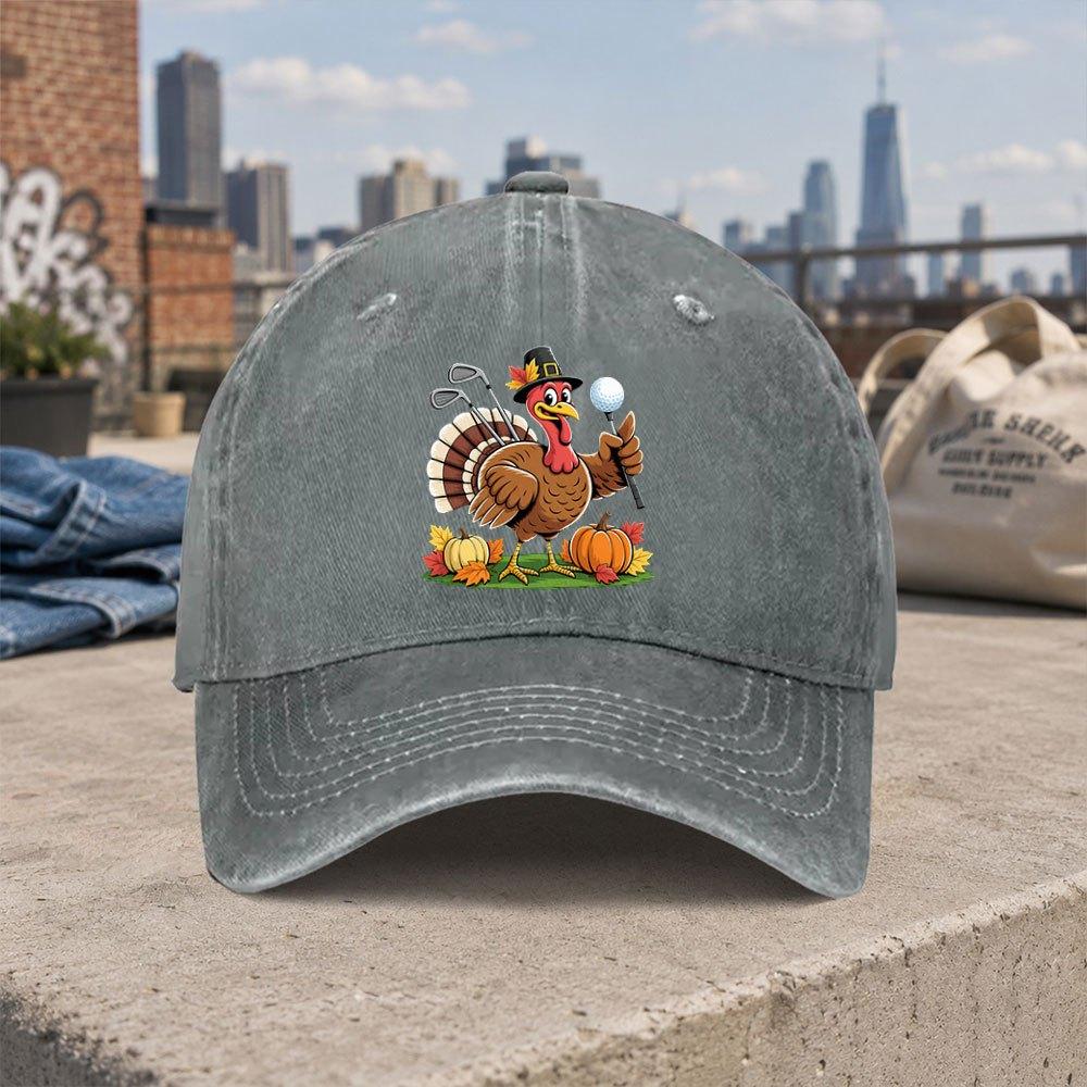 Thanksgiving Turkey Golf Vintage Washed Baseball Cap Unisex Dad Hat Casual Holiday Gift