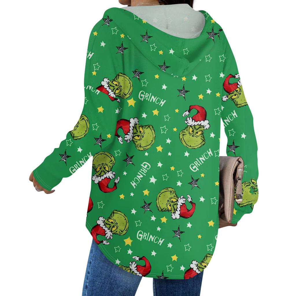 Damenmode Kapuzenpullover V-Ausschnitt Langarm Weihnachten Bedruckt Kordelzug Lässig Locker Pullover Tops