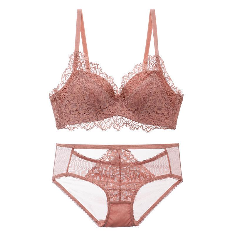 Sexy Pure Lace Small Breasts Gather and Lift the Chest To Prevent Sagging, Not Empty Cup, No Steel Ring Bra Set.