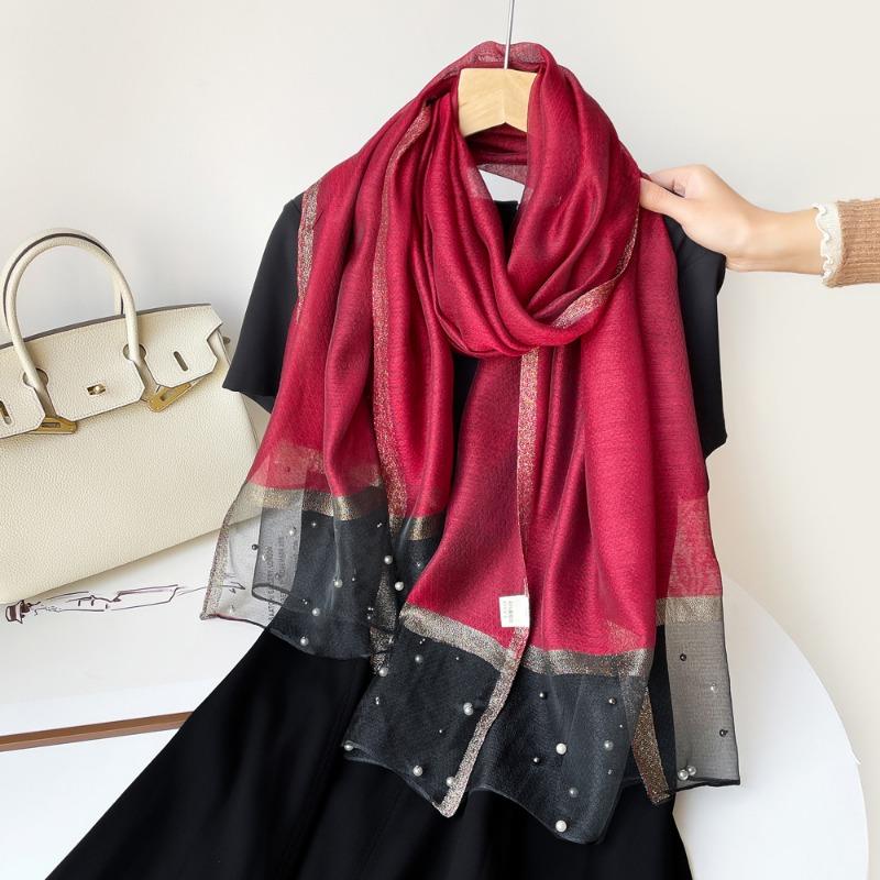 Spring new solid color pearl silk scarf women's imitation silk light large shawl long scarf scarf