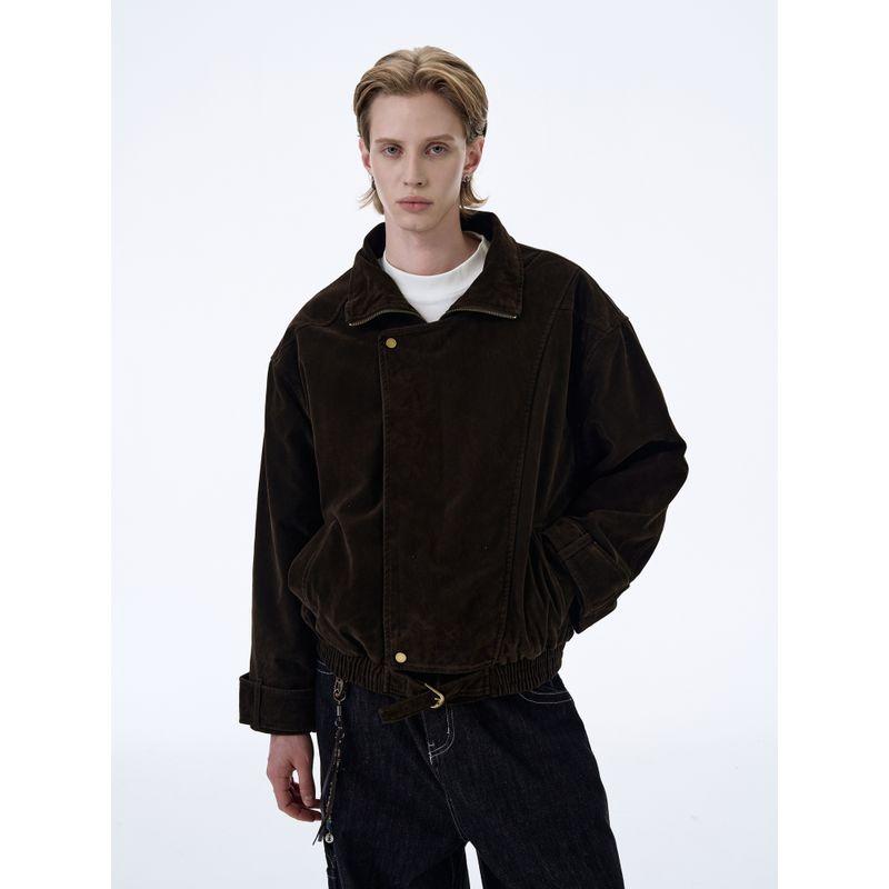 Kisko Design-Inspired Vintage Suede Diagonal Placket Stand Collar Unisex Autumn and Winter Trendy Brand Cool Silhouette Vintage Jacket