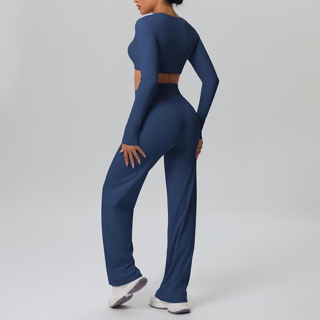European Sportswear Yoga Set: Long Sleeve Top with Chest Pads and Breathable Straight-Leg Pants for Women