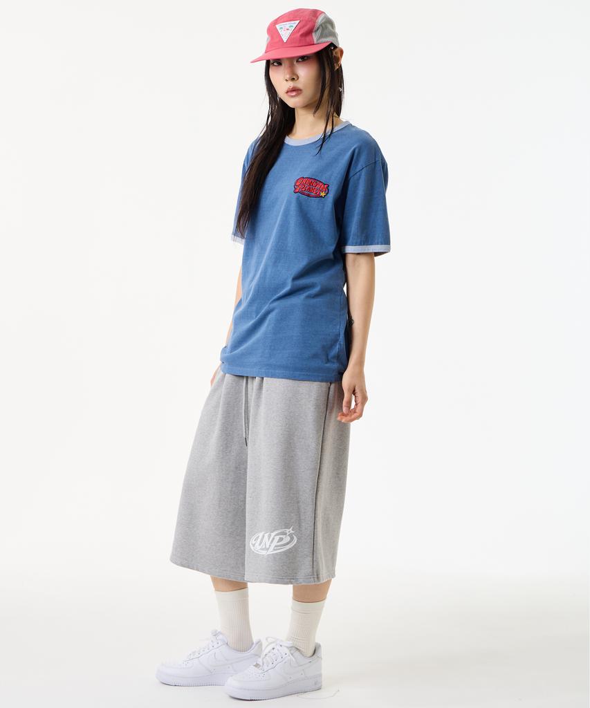 UNKNOWN PLANET [Unp] Pigment-Dyed Graphic Ringer T-Shirt Blue