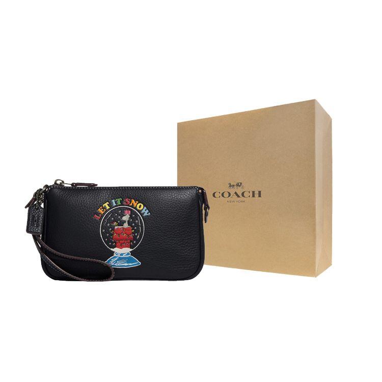 Coach X Peanuts Snoopy Nolita 19 Snoopy Print Zip Closure Pebble Leather Wristlet Clutch Small Women Clutch Navy-Blue CE859-QBNI9