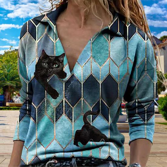 

Женский отложной воротник с длинным рукавом и геометрическим шестиугольным принтом кошек