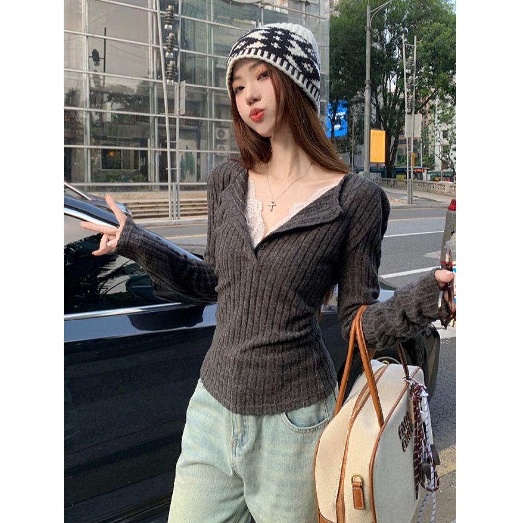 

Gray Lace V-Neck Knit Top - Autumn/Winter Slim Fit Long Sleeve Base Layer Large темно-сірий