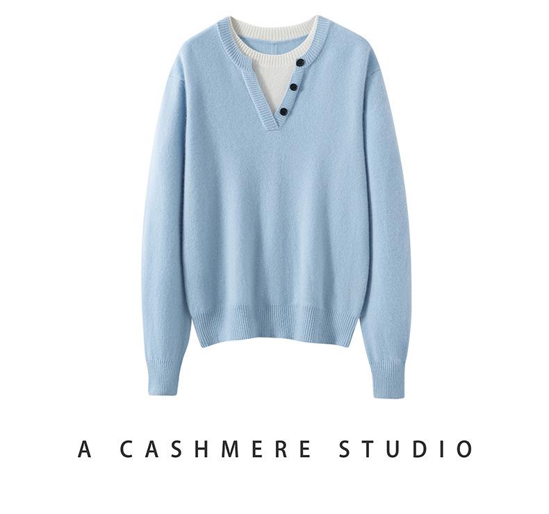Kang Sai Ni Women's 100% Cashmere Two-Piece Style Sweater - Versatile, Fashionable, Loose Fit Knitwear