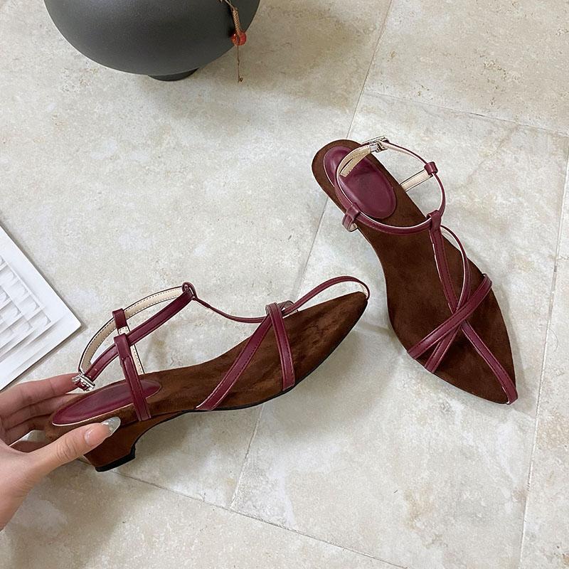 Fashion Fashion Shallow Women Low Heel Sandals Shoes Female Summer Spring Pointed Toe Footwear T-Strap Ladies Heeled Sandals Shoes