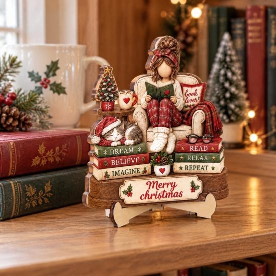 Retro Christmas Centerpieces Book Lover Gifts for Women, Just A Girl Who Loves Wooden Plaque, Winter Home Decor 2D Flat Reading Block Sign with Stand