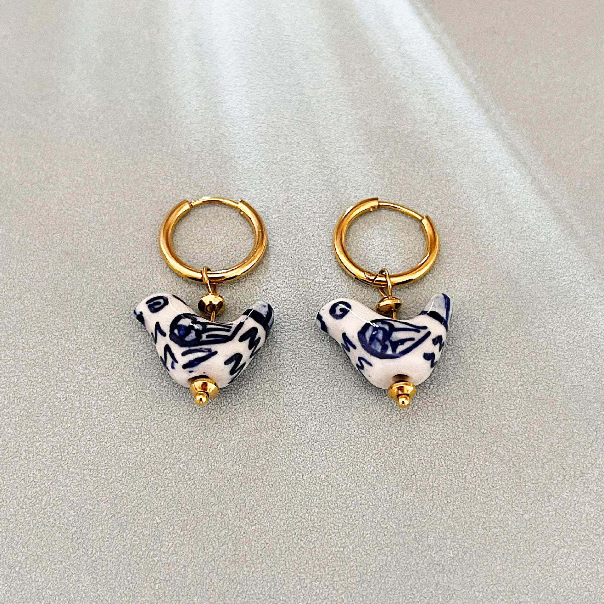 

Vintage Ceramics Flower Heart Butterfly Round Shape Drop Earrings for Women Stainless Steel Hoop Earring Fashion Jewelry Gift