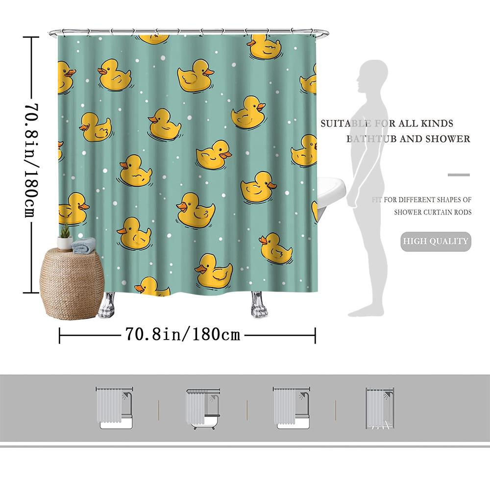 1 Stück Gelber Enten-Duschvorhang – Blauer Hintergrund, 2D-Flachdruck, Schimmelresistentes Polyester, 72"X72", Mit 12 Haken