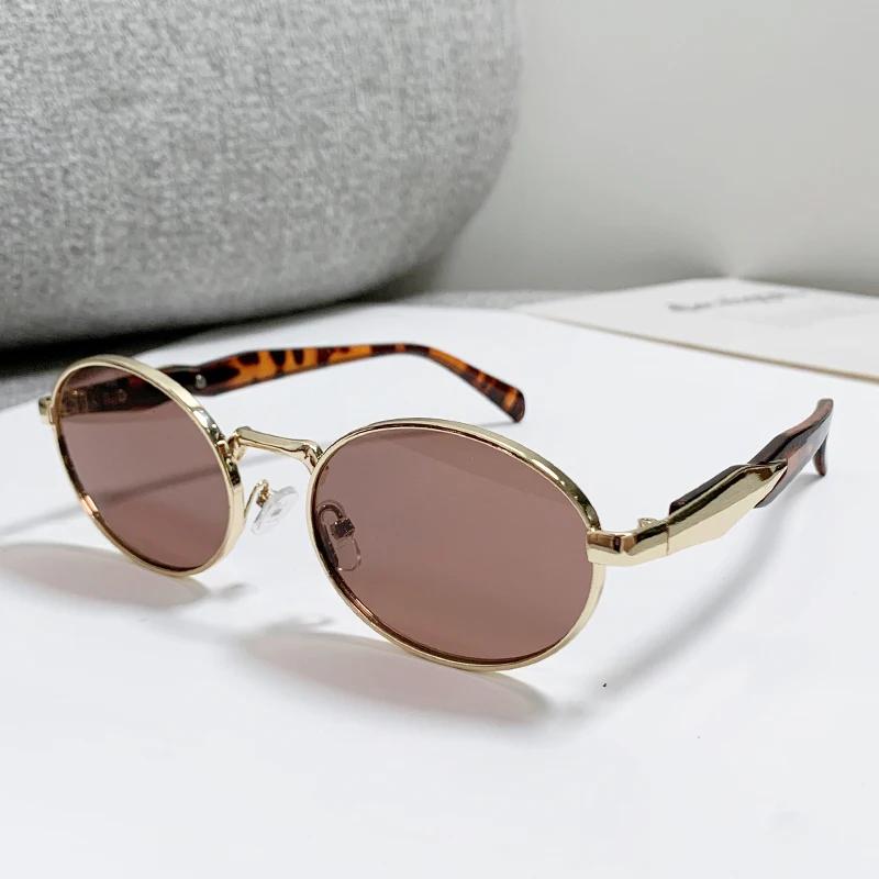 Retro 90S Oval Metal Frame Sunglasses For Women Men Brand Design Trend Travel Light Brown Sun Glasses Vintage Shades Uv400 Male