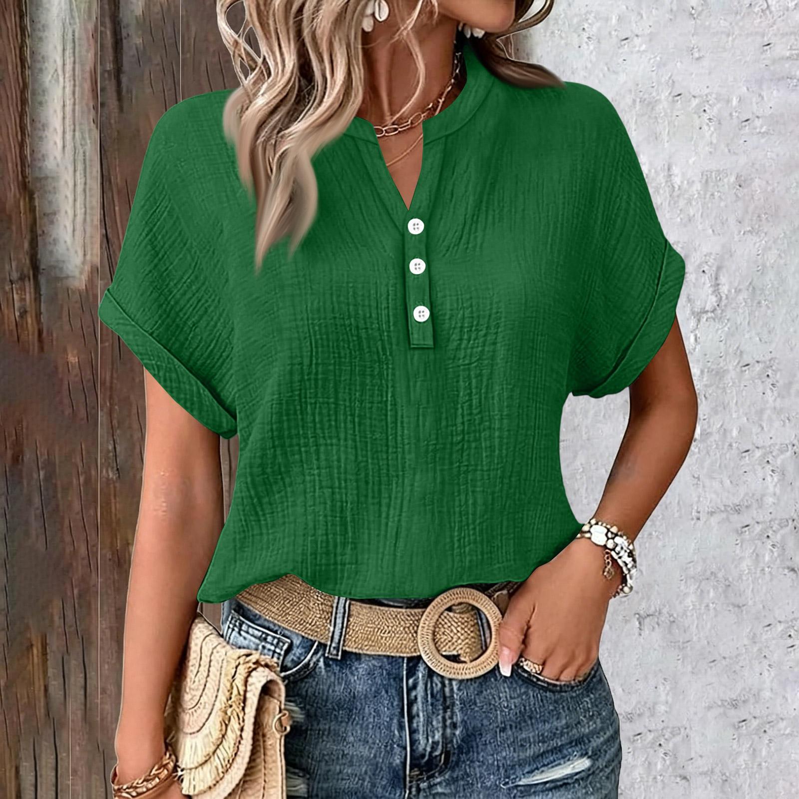 

Womens Summer Tops Casual Button V Neck Short Sleeve Shirts Loose Pullover Tops Oversized Lightweight Blouses XL зелений