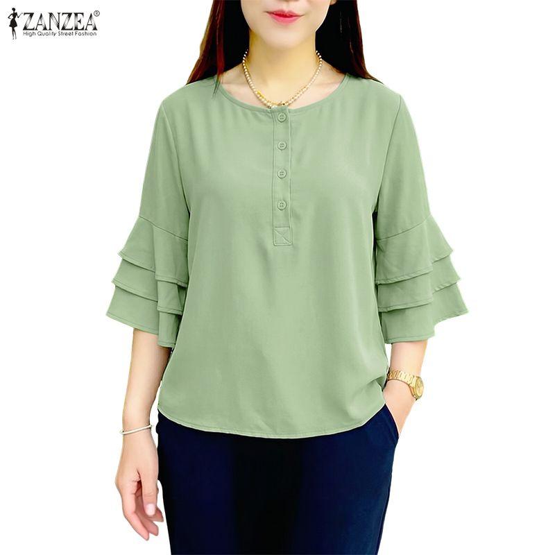 ZANZEA Women Casual Round Neck Solid Color Loose 3/4 Sleeve Blouse
