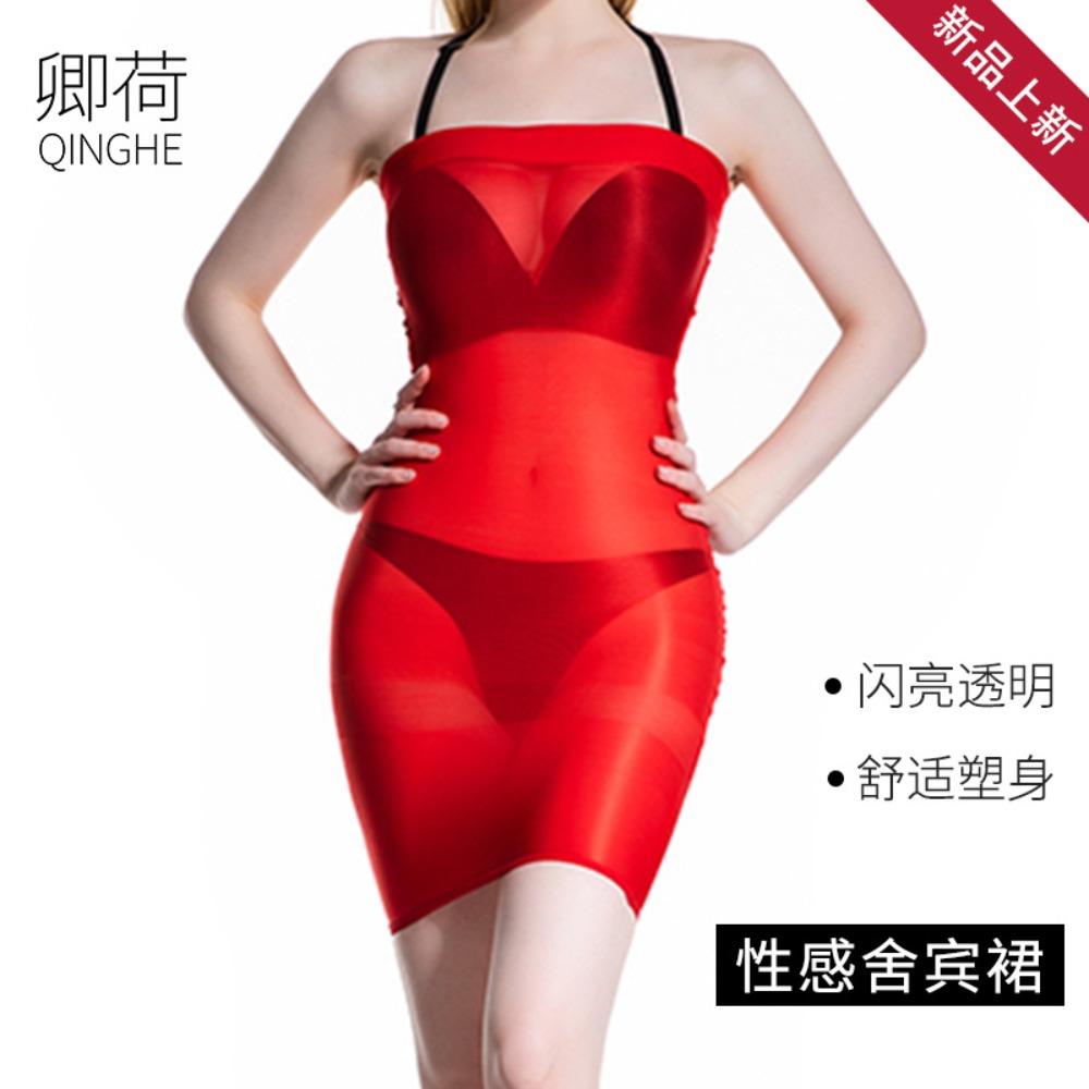 Qinghe Shebin Tube Top Hip Skirt Sexy Lace Dress Fashion Tight Gloss Shiny Chest Wrap Short Skirt Stockings