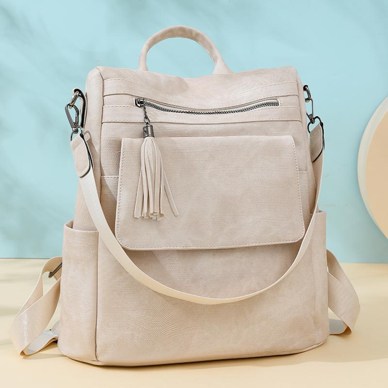 Women's Soft Leather Backpack Large Capacity Student Commuter Schoolbag Tassel Travel Backpack
