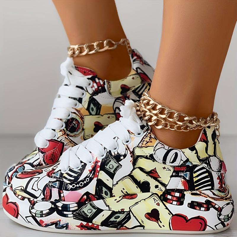 Womens Graffiti Art Sneakers - Stylish Lace-Up Platform Shoes with Comfortable Low Top Design - Perfect for Sports & Casual Wear