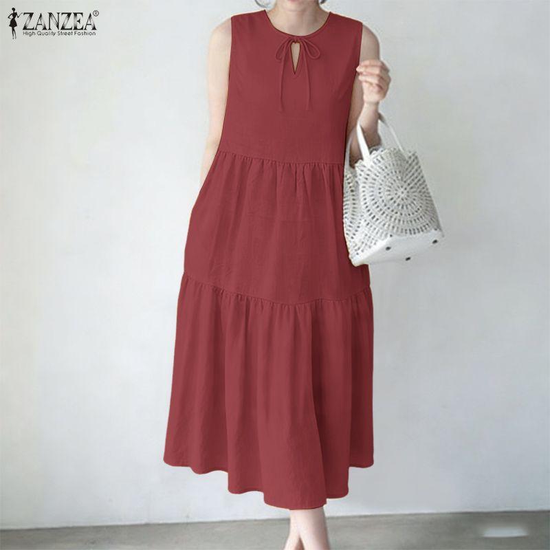 ZANZEA Women Casual Round Neck Loose Sleeveless Dress