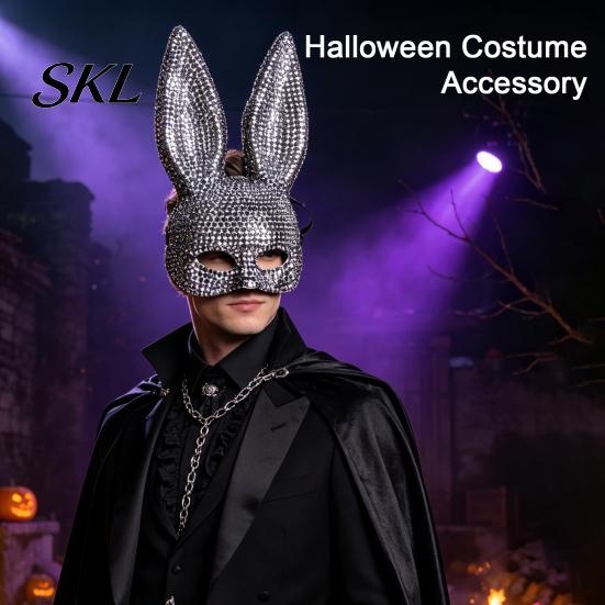 Adjustable Elastic Mask Disco Mirror Rhinestone Rabbit Mask, Sparkly Glitter Bunny Face Christmas Party for Halloween Party, Shiny Reflective