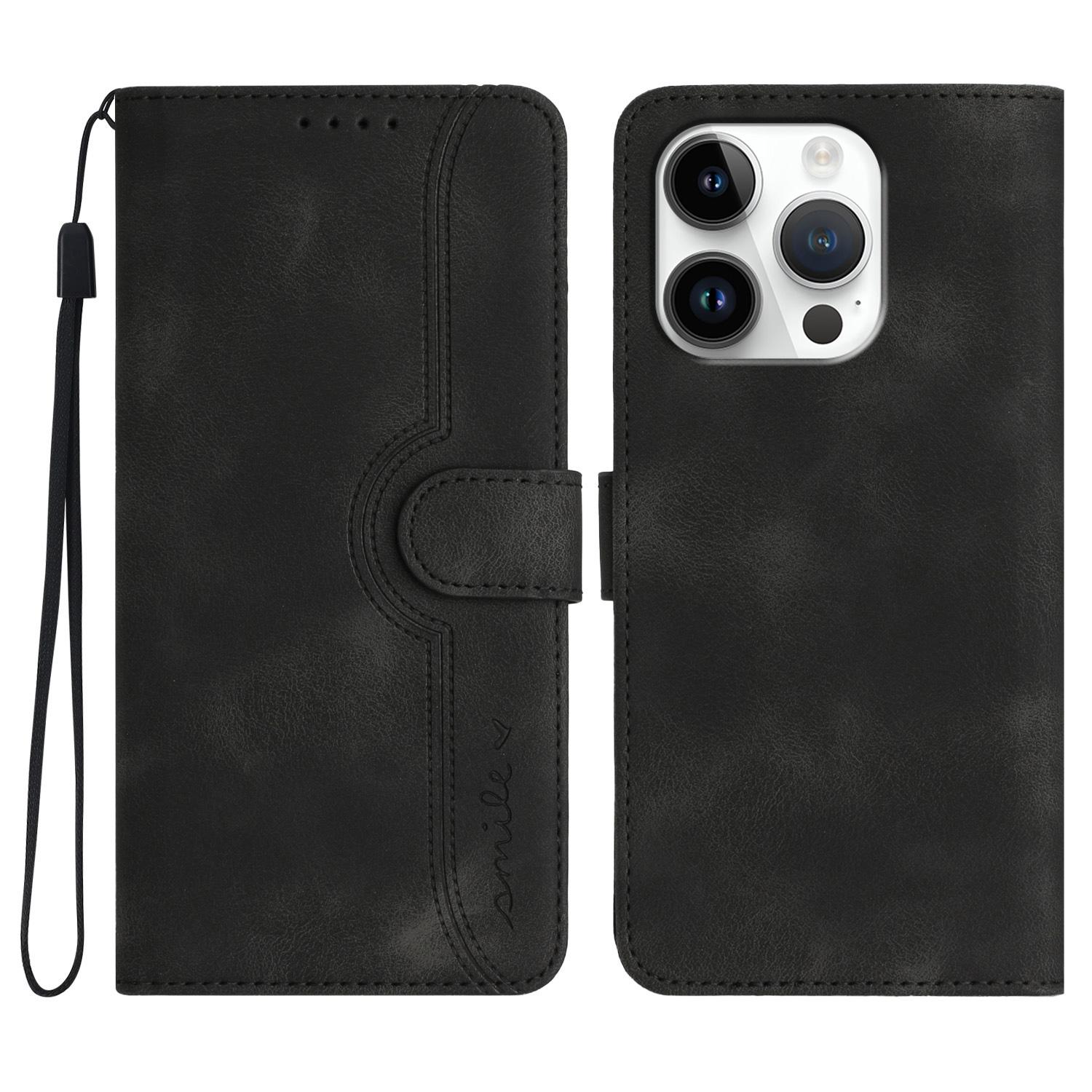 

YX0030 For iPhone 16 Pro Case Smile Imprinted Leather Phone Cover with Wallet Black