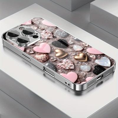 Cute Love Heart Pattern Electroplated Silver Phone Case For Samsung Galaxy S25 S24 S23 Ultra Plus FE Tempered Glass Cover