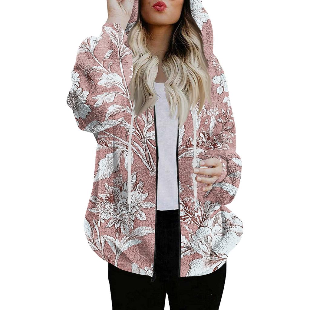 Women's Fashionable Casual Zippered Hooded Floral Printed Drawstring Furry Sweatshirt Jacket