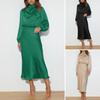 Women Dress Half-high Collar Satin Long Sleeve Solid Color Hollow Out Lantern
