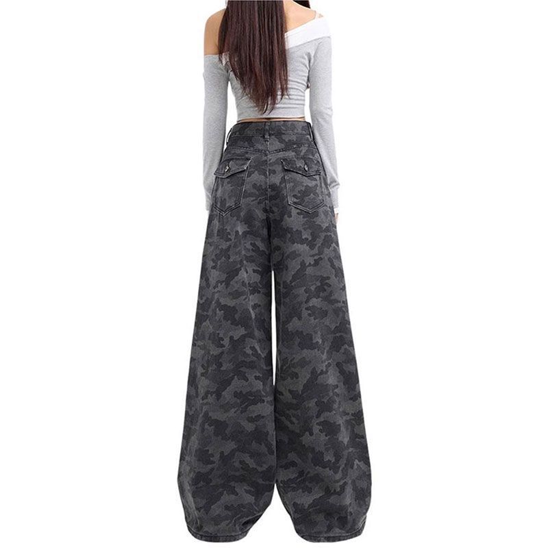 Comfortable Camouflage Street Wide Leg Trousers Women's Autumn High-waisted Large Yards Loose Casual Straight Trailing Denim Trousers Long Denim Pants