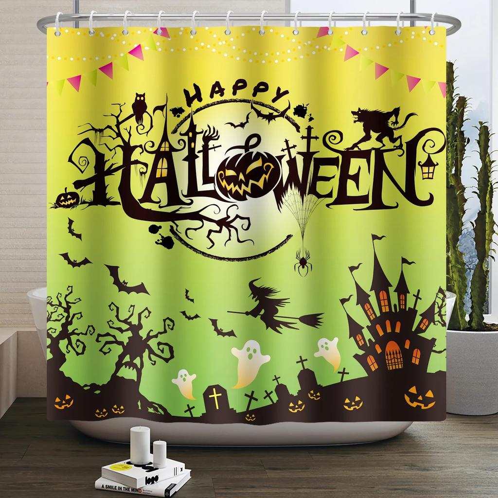 Halloween Shower Curtain Funny Horror Pumpkin Bat Cartoon Cat Happy Halloween Bathroom Curtain for Kids Waterproof Bath Curtain