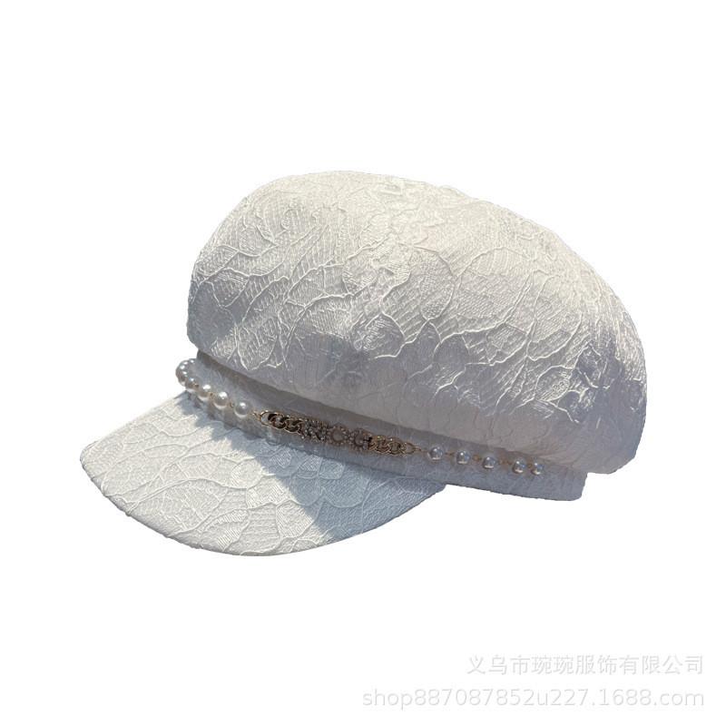 Pearl Chain Lace Octagonal Hat With Wide Brim For Sun Protection And Fashion