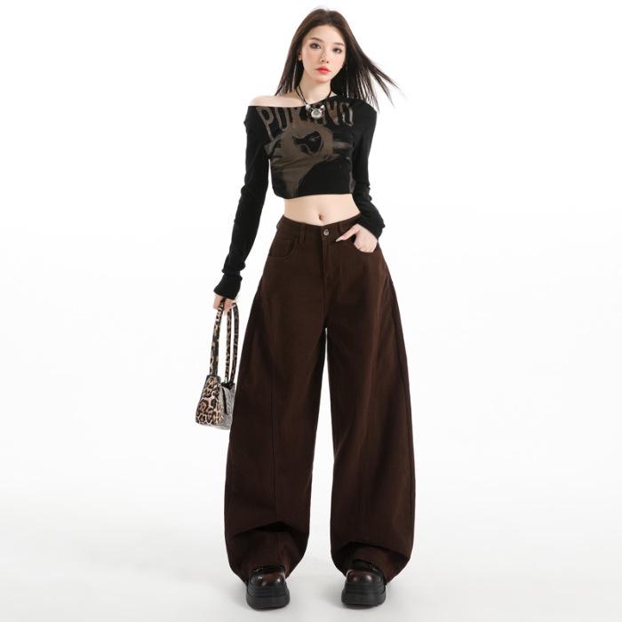 

2025 Autumn Women s Retro Coffee Wide Leg Scimitar Pants - Slimming, Casual, Fashionable 2XL