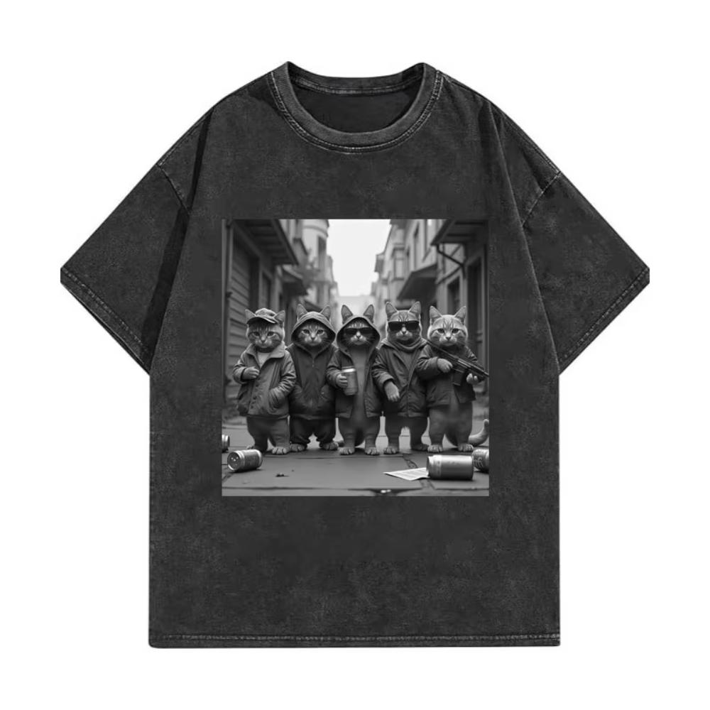 Lustige Katzenbande Meme Grafik T-Shirts Herren Damen Mode Vintage Gewaschene T-Shirts Sommer Hohe Qualität Baumwolle Übergroße T-Shirts
