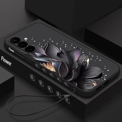 Capa Cordão com Estampa de Flores Pretas Para Samsung Galaxy S25 Ultra S24 S23 S22 Plus S21 FE A15 A16 A35 A36 A54 A55 A56 5G Capa Coque