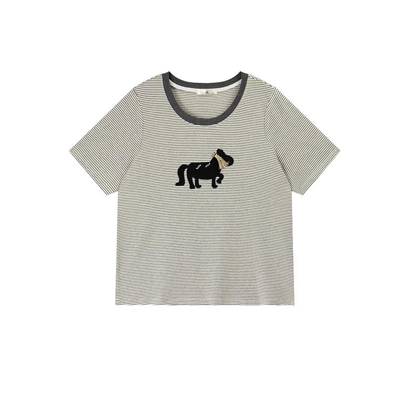 

Shuangtian 2026 Cartoon Color Block Stripe Plus Size Casual Women s T-shirt 2XL абрикосовый