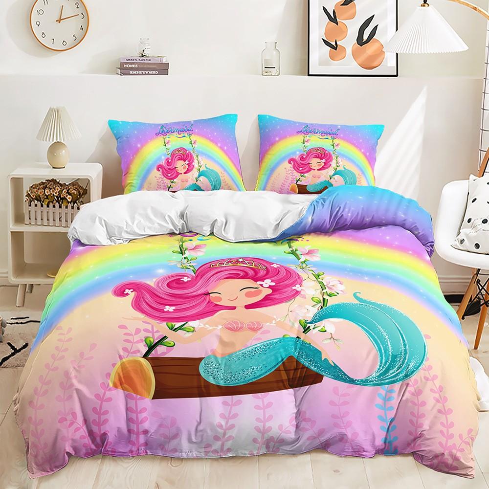 Mermaid Beautiful Rainbow Bedding Set Polyester Duvet Cover Set Single Full Twin Queen Comforter Sets for Girls Women Bed Linen