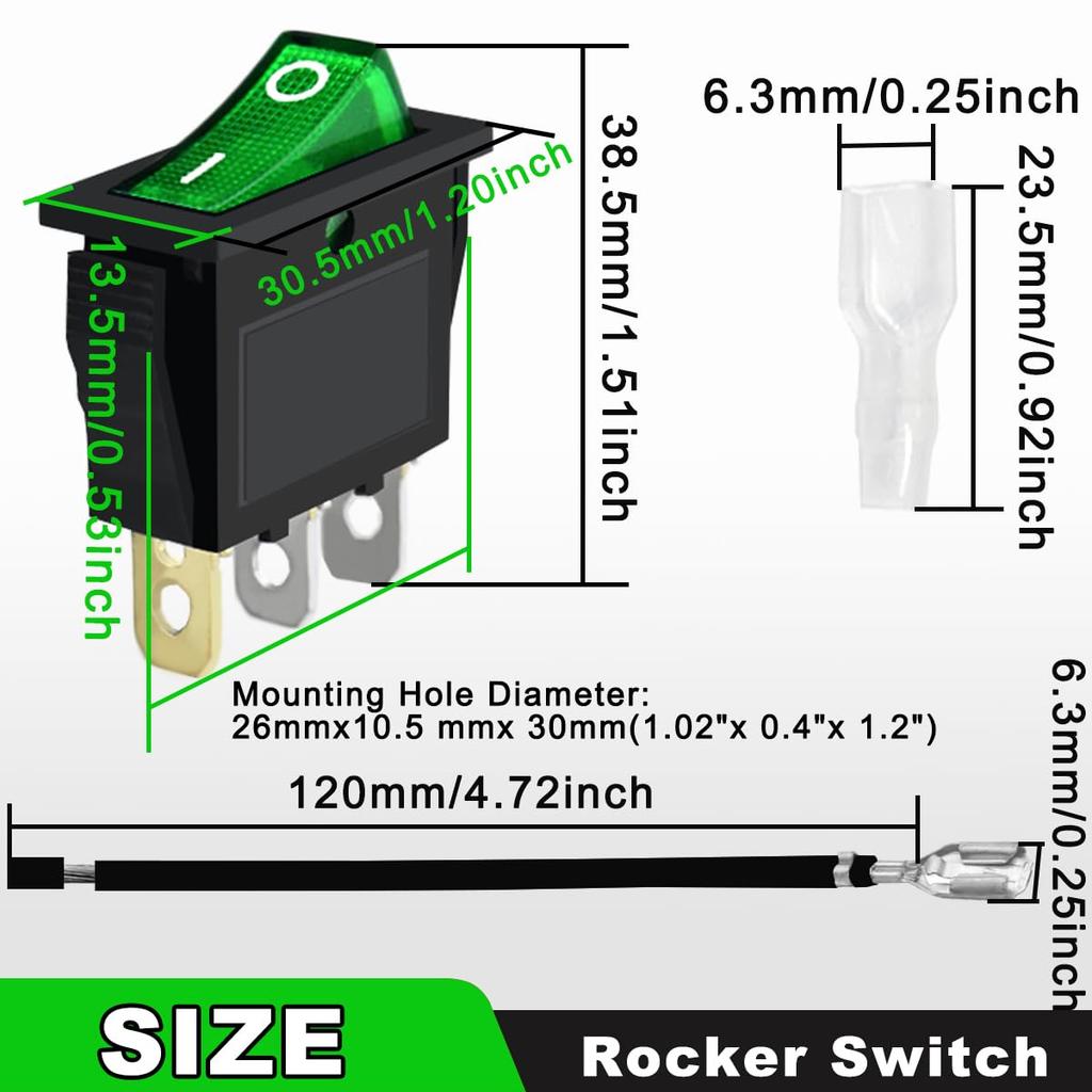 MKBKLLJY 6PCS Rocker Switch 3 Pin 2 Position ON/OFF 20A DC SPST Green
