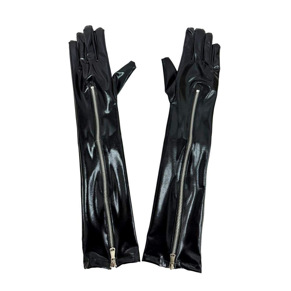 Shiny Zipper Long Gloves Cloth Women Gloves Slim Patent Leather Black Gloves  Halloween Cosplay