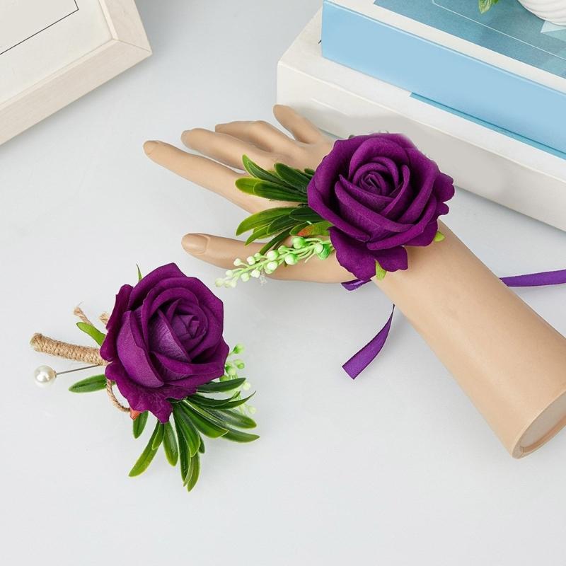 6Pcs Wrist Rose Corsages for Wedding Ceremony Anniversary Proms Party, Rose Boutonniere for Bride and Proms Party Suits