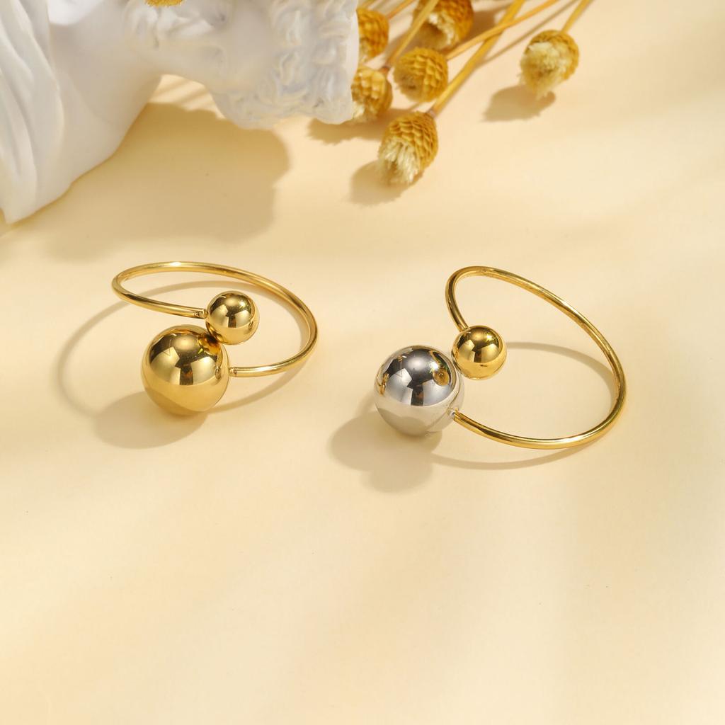 Waterproof Double Ball Open Ring for Women, Asymmetric Wrap Open Adjustable Ring, Stainless Steel Girlfriend Jewelry Gifts