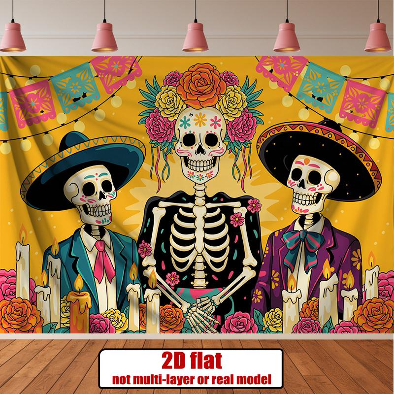 Party Backdrop Flat Dead Mexican Skeleton Marigold Hanging Parties Muertos Calaveras Photo Background Decor Front Door Decor
