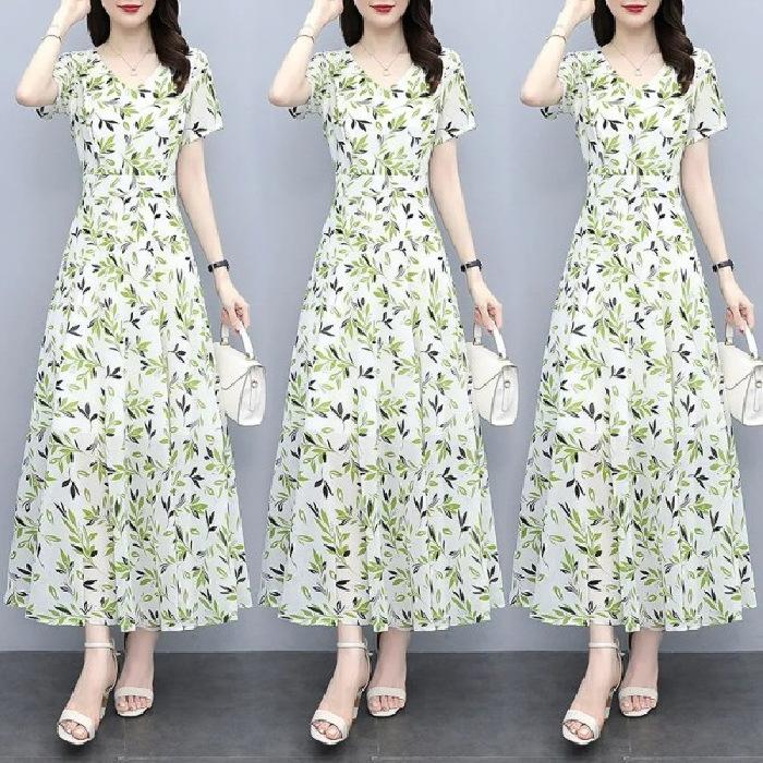 High-end ice silk floral dress women s summer long summer dress new large size loose and thin belly covering dress M