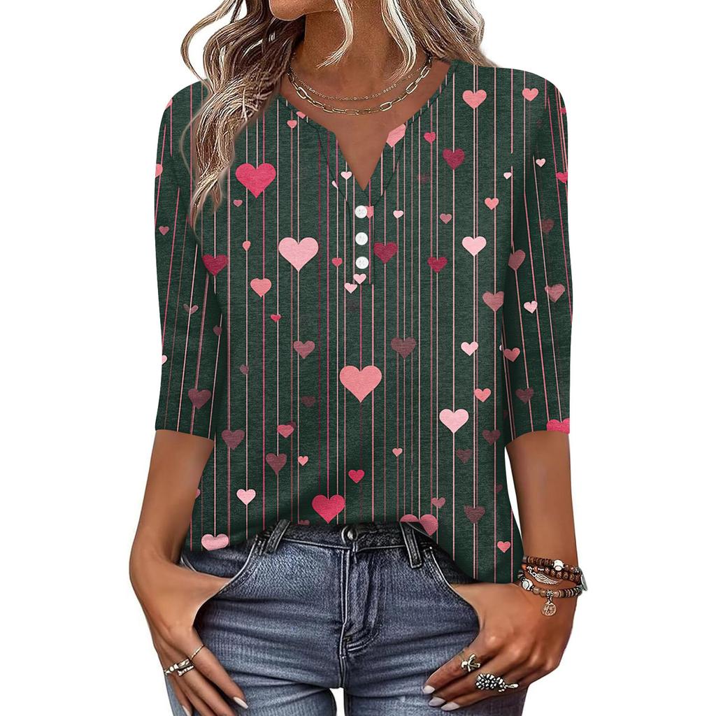 Camiseta feminina estampada com botões, manga 3/4, moda diária, de fim de semana, básica, decote em V, top regular