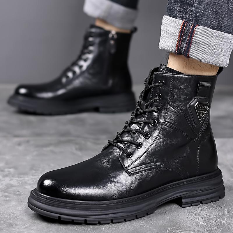 Fashion High Quality Brand Men's Leather Casual Shoes Outdoor Workwear Shoes Thick Soled Wear-resistant Men's Motorcycle Boots Handsome
