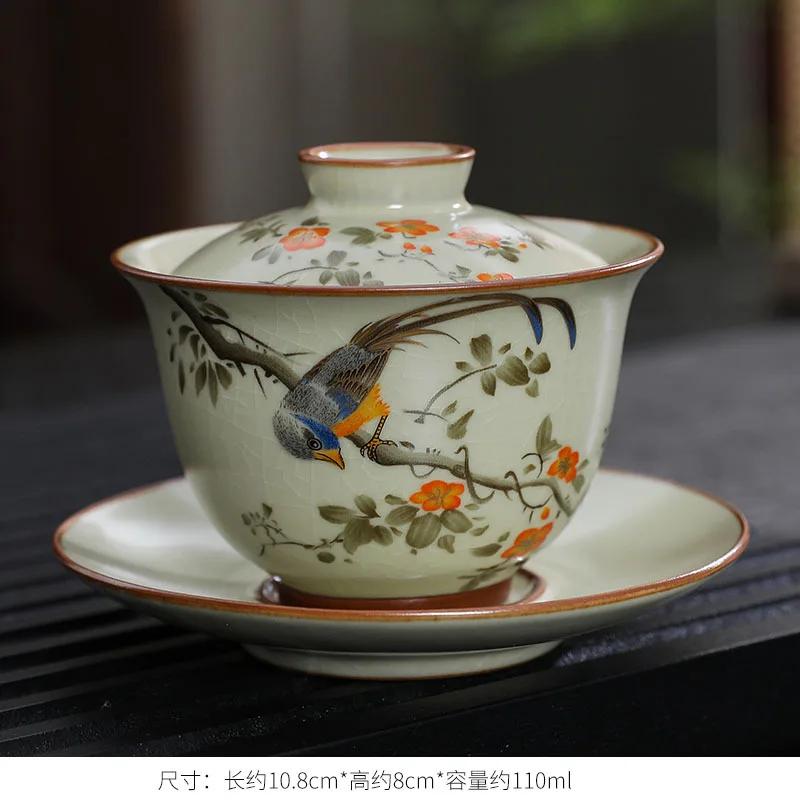 Handgefertigte Keramik Gaiwan Chinesische Teetasse Handbemalte Blumen Sancai Tee-Terrine Reise-Teeschale Porzellan Teegeschirr Set Zubehör