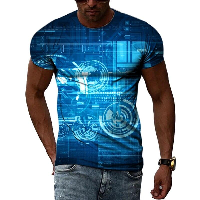 Handsome Men's Technology Element Pattern 3D T-Shirt Hip-Hop Style Casual Round Neck Tops Trendy Street Personality Clothing