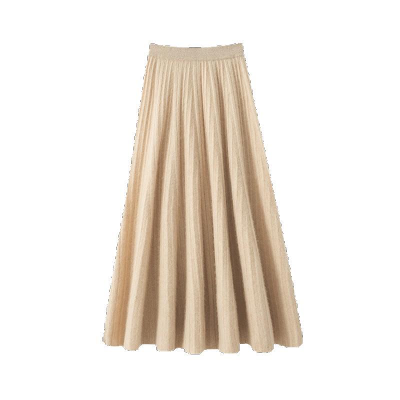 Women's High-Waisted Cashmere Pleated A-Line Skirt - Autumn/Winter Korean Style, Solid Color, Casual Wear