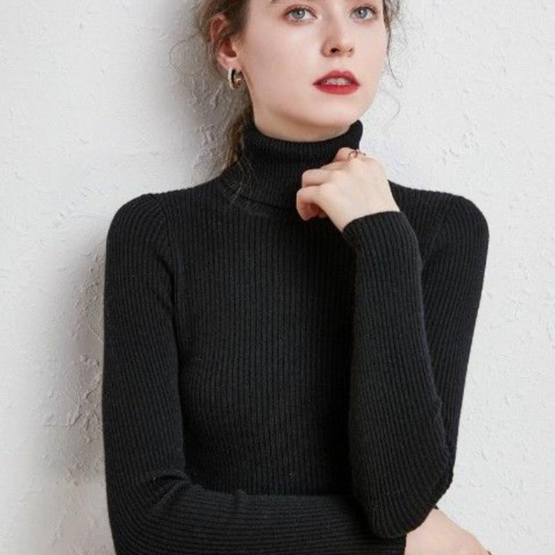 High Collar Sweater Women Solid Fit Knitted Undercoat 2022 New Autumn and Winter Casual Solid Short Long Sleeve Sweater Pullover