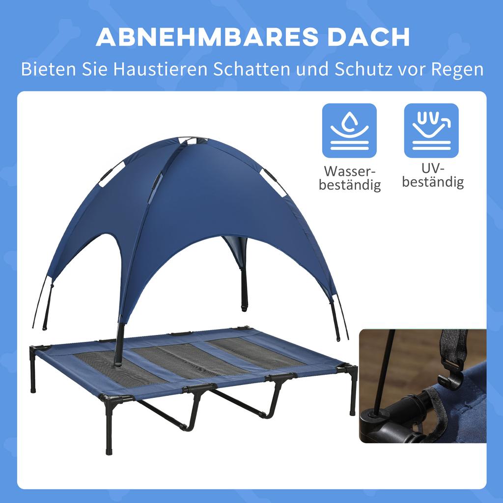 Outdoor Dog Sleeping Spot, Weatherproof Dog Bed, with Canopy, Foldable, 122 x 92 x 108 cm, Blue + Black