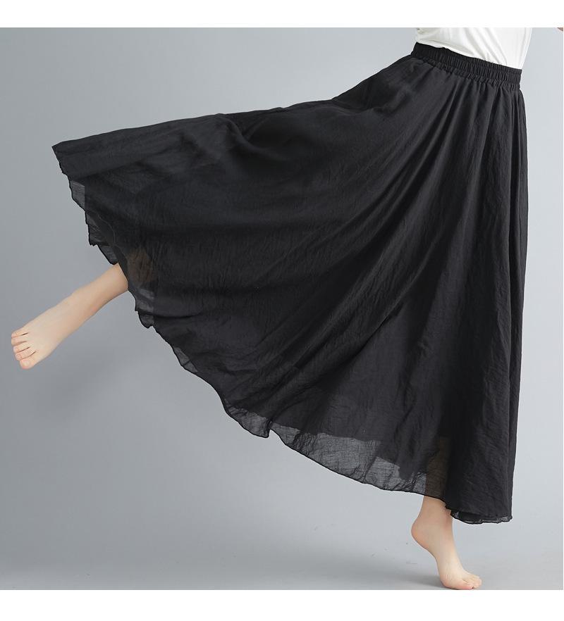 2024 Japan & Korea Loose Cotton-Linen Elastic Waist Midi Skirt – Solid Color A-line Swing Skirt