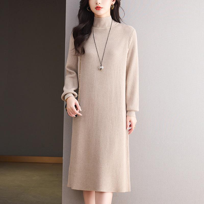 Elegant Mid-Length Wool Knitted Dress - High-Neck Winter Skirt Layer 3X-Large хаки